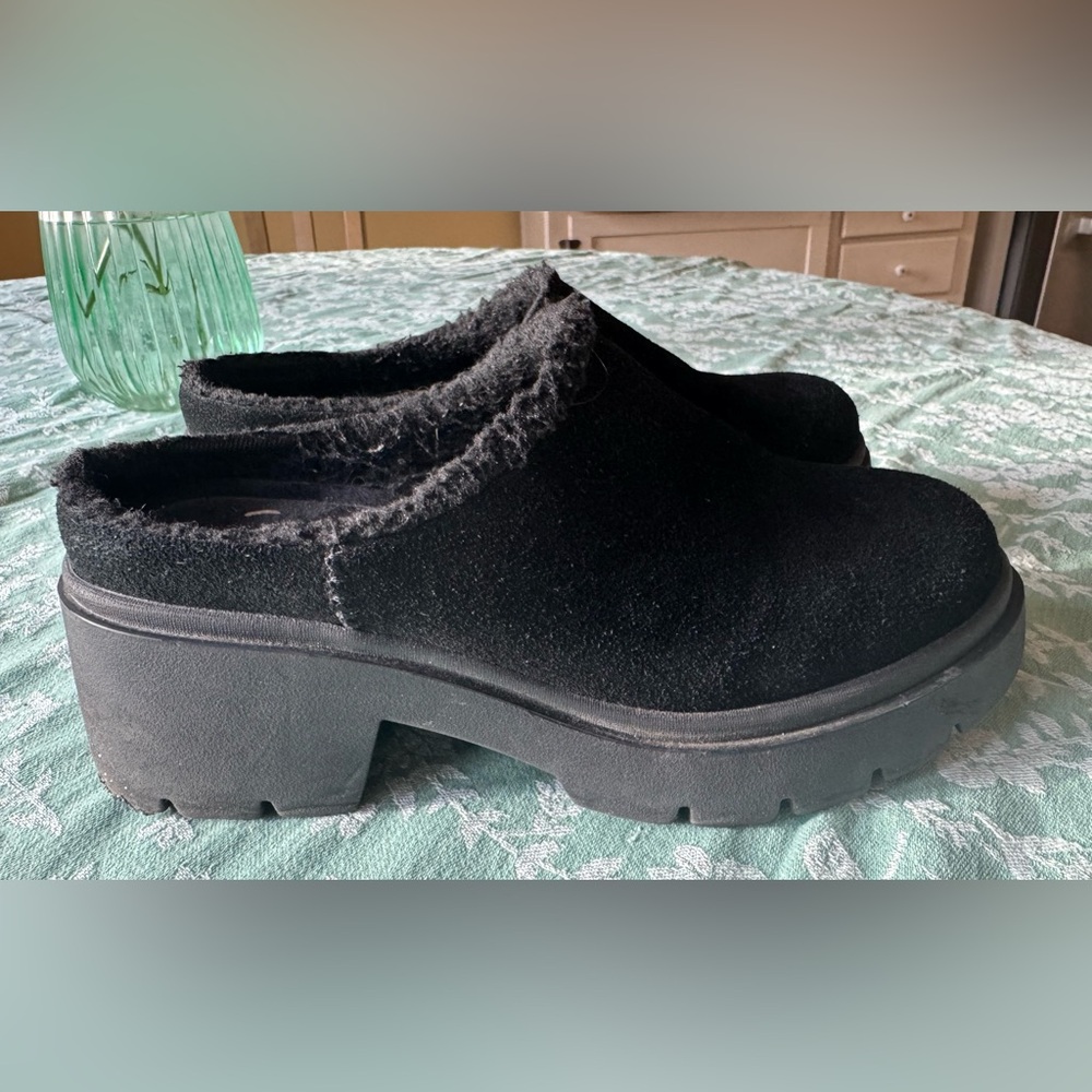 Skechers Black Faux Suede Fur-Trim Block Heel Clog
